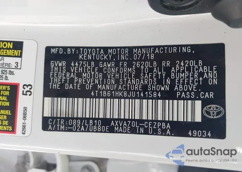 2018 Toyota Camry Xse z USA, uszkodzony, nr VIN 4T1B61HK8JU141584